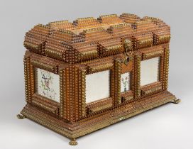 AN EXCEPTIONAL LATE 19TH CENTURY SAILORS SWEETHEART TRAMP ART CASKET. With inset mirrored panels