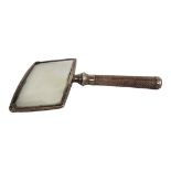 AN EDWARDIAN SILVER AND SHAGREEN MAGNIFYING GLASS Convex rectangular form glass with salmon pink