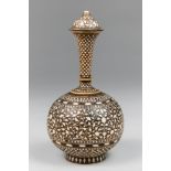 A RARE LATE 19TH/EARLY 20TH CENTURY INDIAN BONE INLAID VESSEL OR VASE. Top section not lidded. (h