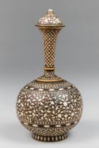 A RARE LATE 19TH/EARLY 20TH CENTURY INDIAN BONE INLAID VESSEL OR VASE. Top section not lidded. (h