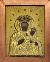 A 19TH CENTURY POLISH OIL ON PANEL RELIGIOUS ICON Madonna and Child set with paste stones on gilt