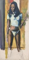 A LARGE 20TH CENTURY OIL OF CANVAS PORTRAIT OF ENGLISH SUPERMODEL NAOMI CAMPBELL. (h 145cm x w 76.