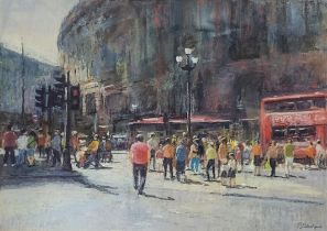 PAULINE PLEDGE, A 20TH CENTURY MIXED MEDIA Titled ‘Sunshine in Piccadilly’, signed, mounted,