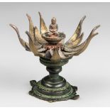 A 20TH CENTURY TIBETAN BRASS AND BRONZE LOTUS FLOWER INCENSE BURNER. With Turtle base and central