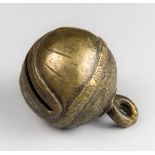 A LARGE 18TH CENTURY POLISHED CAST BRONZE CROTAL BELL WITH SUSPENSION LOOP. Marked size '28'. (h