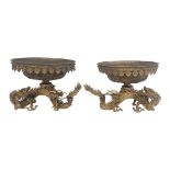 A PAIR OF 19TH CENTURY JAPANESE MEIJI DRAGON TAZZA DISHES Having a pierced gallery, cast