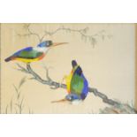 A 19TH CENTURY WATERCOLOUR AND FEATHER ON SILK BIRD STUDY Pair of Kingfishers in a landscape, framed