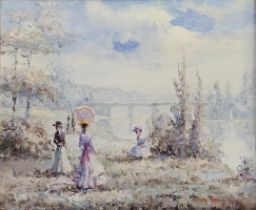 PIERRE DUBOIS, A 20TH/21ST CENTURY FRENCH OIL ON BOARD Ladies’ strolling by the riverside, signed,
