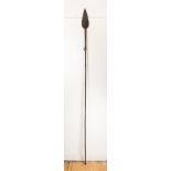 A LARGE AND IMPRESSIVE 19TH CENTURY AFRICAN SPEAR WITH FORGED HEAD AND BAMBOO SHAFT. Overall