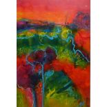 A LARGE ABSTRACT PASTEL AND WATERCOLOUR ON PAPER, STYLISED LANDSCAPE Tall trees on a red ground,