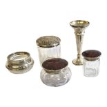 TWO VINTAGE SILVER, TORTOISESHELL AND CUT GLASS CIRCULAR TRINKET BOTTLES To include London, 1924,
