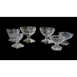 THREE PAIRS OF GEORGIAN CUT LEAD CRYSTAL GLASS SALTS To include an oval pair with castle form