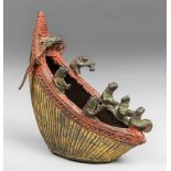 AN UNUSUAL 20TH CENTURY AFRICAN BRONZE TRIBAL BOAT WITH FROG BAND. Possibly Benin. (h 18.5cm x w