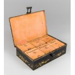 A LATE 19TH CENTURY LACQUERED ENGLISH SPICE BOX. Decorated around the box with a highly decorative