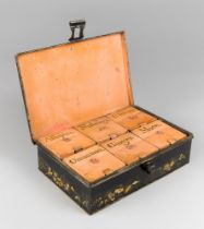 A LATE 19TH CENTURY LACQUERED ENGLISH SPICE BOX. Decorated around the box with a highly decorative