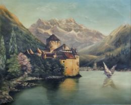 A VIEW OF CHILLON CASTLE, SWITZERLAND, C. 1900, LARGE OIL ON CANVAS Unsigned. Condition: small holes