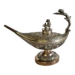 AN UNUSUAL EARLY 20TH CENTURY CONTINENTAL SILVER ALADDIN'S LAMP EWER Having a figural handle, lion