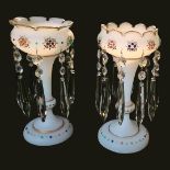 A PAIR OF 19TH CENTURY BOHEMIAN OPALINE GLASS AND ENAMEL JEWELLED PATTERN LUSTRES, CIRCA 1880 Both