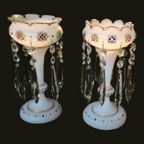 A PAIR OF 19TH CENTURY BOHEMIAN OPALINE GLASS AND ENAMEL JEWELLED PATTERN LUSTRES, CIRCA 1880 Both