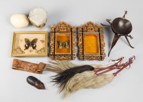 A GROUP OF AFRICAN AND TAXIDERMY INTEREST ITEMS. Including four fly whisks, an African drum, a
