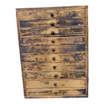 A 19TH CENTURY PINE CLOCK/WATCH REPAIRS CHEST OF TEN DRAWERS AND CONTENTS Comprising flat steel