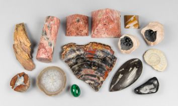 A COLLECTION OF POLISHED GEMSTONE OBJECTS, FOSSILS, ROCKS AND MINERALS. Including three pyramids,