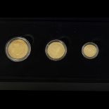 A 22CT GOLD THREE COIN PROOF SET Comprising Quarter, Half and Full Sovereign coins, dated 2020 to