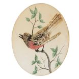 AN EDWARDIAN WATERCOLOUR AND FEATHER BIRD STUDY Robin red breast bird on watercolour branch, in an