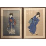 AFTER UEMURA SHOEN, 1875 - 1949, A PAIR OF WATERCOLOUR PORTRAITS ON SILK Bijinga form of females