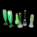 A COLLECTION OF EARLY 20TH CENTURY GREEN GLASS AND SILVER BUD VASES, To include a pair with