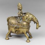A LATE 19TH/EARLY 20TH CENTURY INDIAN BRASS ELEPHANT WITH WARRIOR BETEL NUT PANDAN BOX, WITH