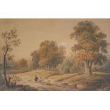 CIRCLE OF CHARLES TOWNE, 1763 - 1840, LIVERPOOL, WATERCOLOUR Landscape with figures on a road,
