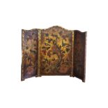 A 19TH CENTURY THREE FOLD STUDD WORK LEATHER SCREEN With hand painted decoration, exotic birds