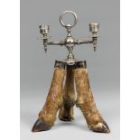 ROWLAND WARD, A LATE 19TH CENTURY TAXIDERMY DEER HOOF AND SILVER CANDELABRA. Inscription to