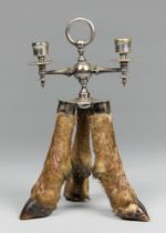 ROWLAND WARD, A LATE 19TH CENTURY TAXIDERMY DEER HOOF AND SILVER CANDELABRA. Inscription to
