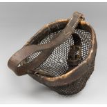 A 19TH CENTURY HORSE GRAZING MUZZLE. The bowl (h 16cm x w 23.5cm x d 23.5cm)