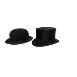 A VINTAGE MOLESKIN TOP HAT Along with a bowler hat, both by Lock & Co., London. Condition: worn