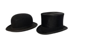 A VINTAGE MOLESKIN TOP HAT Along with a bowler hat, both by Lock & Co., London. Condition: worn