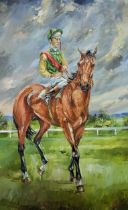 LESTER PIGGOTT ONBOARD NIJINSKY, A 20TH CENTURY OIL ON CANVA Inscribed to reverse, indistinctly