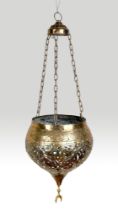 A LATE 19TH/EARLY 20TH CENTURY SYRIAN PIERCED BRASS HANGING LAMP. (h 57cm x w 20cm x d 20cm).