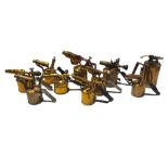 A COLLECTION OF NINE VINTAGE BRASS BLOW TORCH PARAFFIN LAMPS Primus 632, Bladon x2, Primus and six