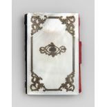 A 19TH CENTURY MOTHER OF PEARL AND SILVER POCKET NOTEBOOK SOUVENIR, PARIS, FRANCE. Pencil note