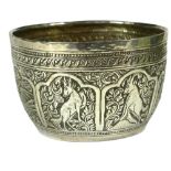 A 19TH CENTURY INDIAN SILVER BOWL Having elaborate chased and repoussé decoration showing