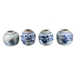 FOUR 19TH CENTURY CHINESE GINGER JARS DEPICTING BLUE LAKESIDE SCENES. (h 15cm)