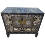 A 19TH CENTURY CHINESE BLACK LACQUERED AND MOTHER OF PEARL INLAID TWO DOOR CABINET ON STAND