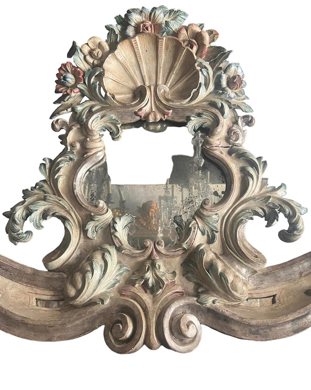A VERY LARGE AND IMPRESSIVE 18TH CENTURY CARVED WOOD AND PAINTED ITALIAN VENETIAN ROCOCO MIRROR - Image 7 of 18