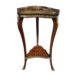 A LOUIS XVI DESIGN FRUITWOOD AND GILT METAL MOUNTED TWO TIER OCCASIONAL TABLE. (h 81cm x d 28.5cm