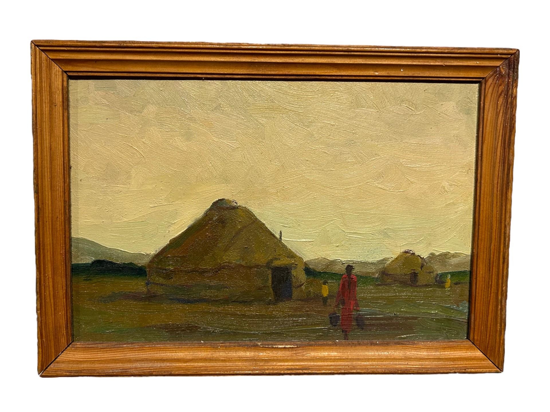 A 20TH CENTURY OIL ON CANVAS, AFRICAN LANDSCAPE With huts and figures, indistinctly titled verso,