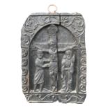 A 19TH CENTURY CARVED BLACK OAK CARVED PANEL DEPICTING THE CRUCIFIXION IN DEEP RELIEF. (41.5cm x