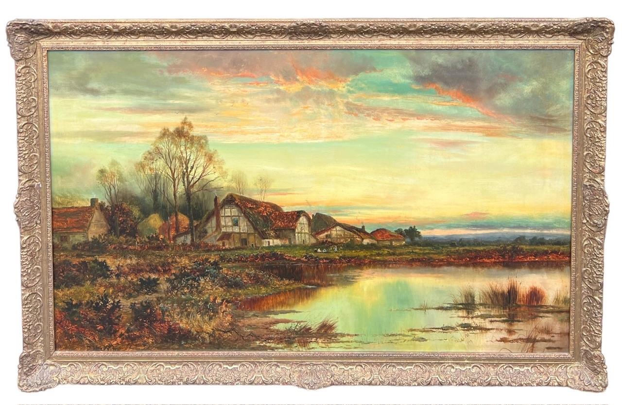 DANIEL SHERRIN, BRITISH, 1868 - 1940, A LARGE OIL ON CANVAS River landscape, cottages and figures, - Bild 3 aus 6